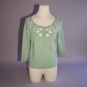 LOFT Light Green Cardigan with White Floral Embroidery
